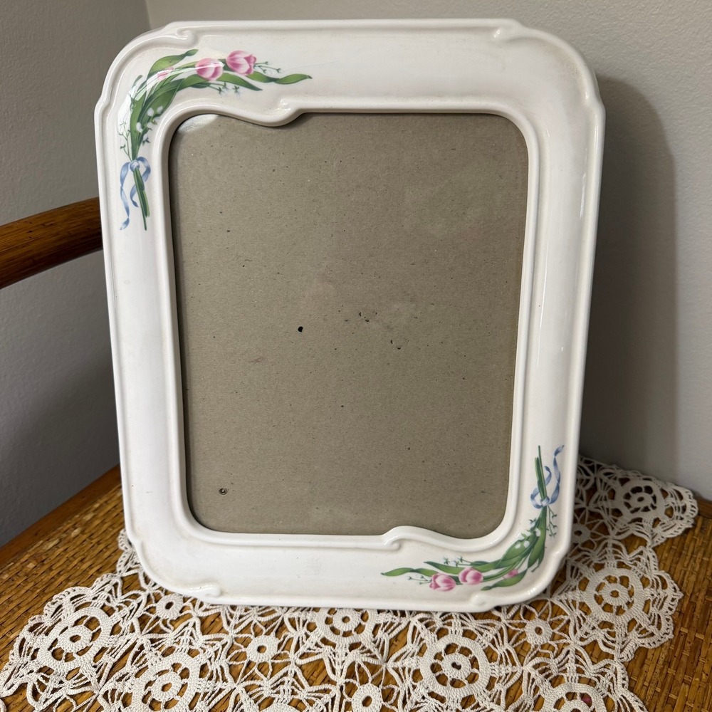 Vintage Floral Ceramic Picture Frame 8x10 Pink Tulips Lily of the Valley Cream